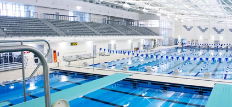 A wide shot of the pools from the top of the diving boards