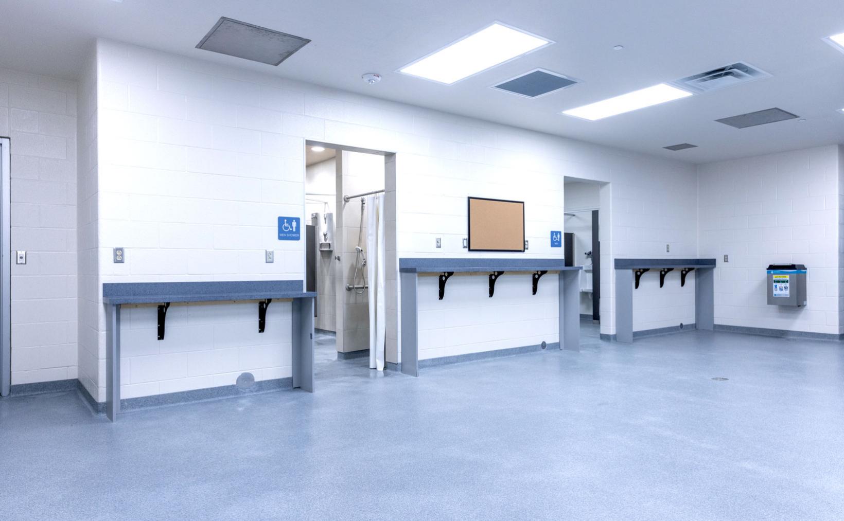 A wideshot of the locker room